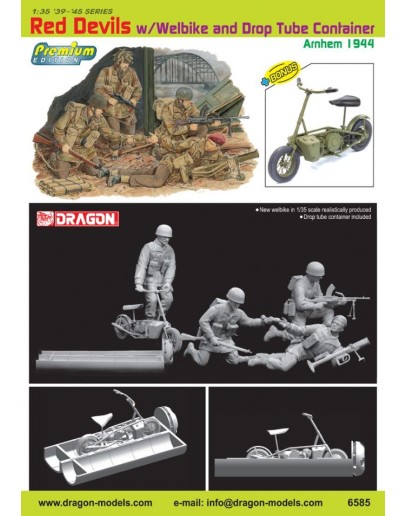 DRAGON 1/35 SCALE MODEL KIT - 6585 - Red Devils W/Welbike and Drop Tube Container Arnhem 1944