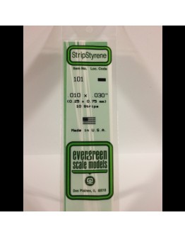 EVERGREEN PLASTIC MATERIALS - 101 - OPAQUE WHITE POLYSTYRENE STRIP - .010" X .030" - 10 STRIPS