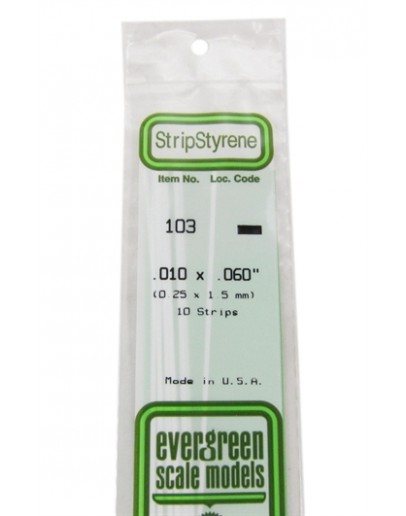 EVERGREEN PLASTIC MATERIALS - 103 - OPAQUE WHITE POLYSTYRENE STRIP - .010" X .060" - 10 STRIPS