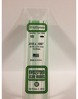 EVERGREEN PLASTIC MATERIALS - 105 - OPAQUE WHITE POLYSTYRENE STRIP - .010" X .100" - 10 STRIPS