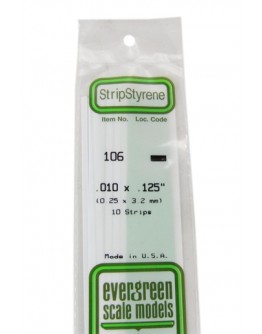 EVERGREEN PLASTIC MATERIALS - 106 - OPAQUE WHITE POLYSTYRENE STRIP - .010" X .125" - 10 STRIPS