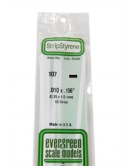 EVERGREEN PLASTIC MATERIALS - 107 - OPAQUE WHITE POLYSTYRENE STRIP - .010" X .156" - 10 STRIPS