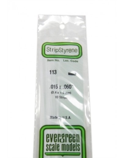 EVERGREEN PLASTIC MATERIALS - 113 - OPAQUE WHITE POLYSTYRENE STRIP - .015" X .060" - 10 STRIPS