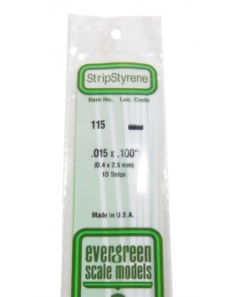 EVERGREEN PLASTIC MATERIALS - 115 - OPAQUE WHITE POLYSTYRENE STRIP - .015" X .100" - 10 STRIPS
