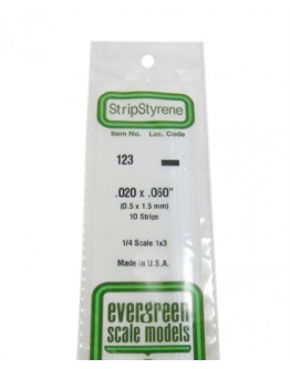 EVERGREEN PLASTIC MATERIALS - 123 - OPAQUE WHITE POLYSTYRENE STRIP -  .020" X .060" - 10 STRIPS