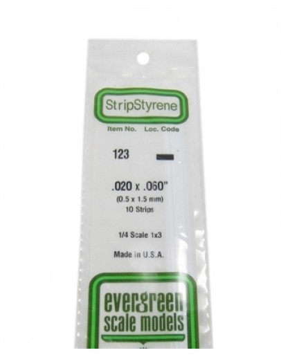 EVERGREEN PLASTIC MATERIALS - 123 - OPAQUE WHITE POLYSTYRENE STRIP -  .020" X .060" - 10 STRIPS
