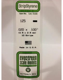 EVERGREEN PLASTIC MATERIALS - 125 - OPAQUE WHITE POLYSTYRENE STRIP - .020" X .100" - 10 STRIPS