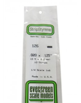 EVERGREEN PLASTIC MATERIALS - 126 - OPAQUE WHITE POLYSTYRENE STRIP - .020" X .125" - 10 STRIPS