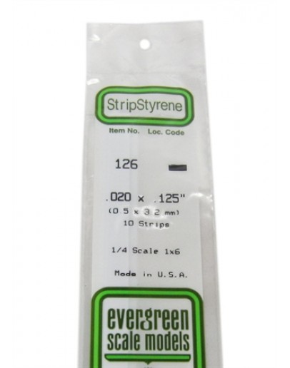 EVERGREEN PLASTIC MATERIALS - 126 - OPAQUE WHITE POLYSTYRENE STRIP - .020" X .125" - 10 STRIPS