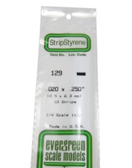 EVERGREEN PLASTIC MATERIALS - 129 - OPAQUE WHITE POLYSTYRENE STRIP -  .020" X .250" - 10 STRIPS