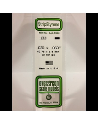 EVERGREEN PLASTIC MATERIALS - 133 - OPAQUE WHITE POLYSTYRENE STRIP -  .030" X .060" - 10 STRIPS