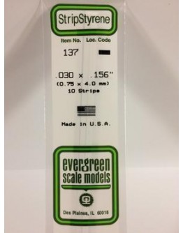 EVERGREEN PLASTIC MATERIALS - 137 - OPAQUE WHITE POLYSTYRENE STRIP -.030" X .156" - 10 STRIPS