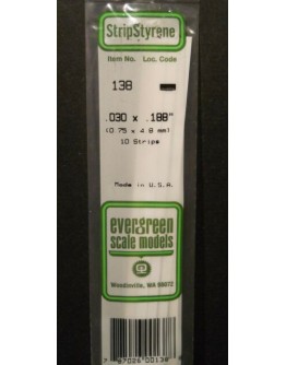 EVERGREEN PLASTIC MATERIALS - 138  - OPAQUE WHITE POLYSTYRENE STRIP - .030" X .188" - 10 STRIPS