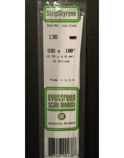 EVERGREEN PLASTIC MATERIALS - 138  - OPAQUE WHITE POLYSTYRENE STRIP - .030" X .188" - 10 STRIPS