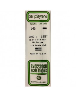 EVERGREEN PLASTIC MATERIALS - 146 - OPAQUE WHITE POLYSTYRENE STRIP - .040" X .125" - 10 STRIPS