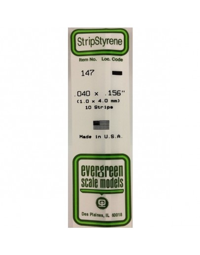 EVERGREEN PLASTIC MATERIALS - 147 - OPAQUE WHITE POLYSTYRENE STRIP -  .040" X .156" - 10 STRIPS