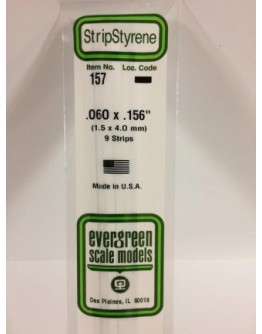 EVERGREEN PLASTIC MATERIALS - 157 - OPAQUE WHITE POLYSTYRENE STRIP -  .060" X .156" - 9 STRIPS