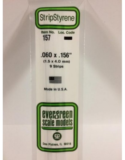 EVERGREEN PLASTIC MATERIALS - 157 - OPAQUE WHITE POLYSTYRENE STRIP -  .060" X .156" - 9 STRIPS