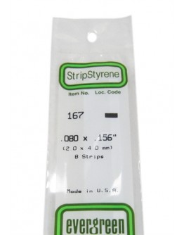 EVERGREEN PLASTIC MATERIALS - 167 - OPAQUE WHITE POLYSTYRENE STRIP - .080" X .156" - 8 STRIPS