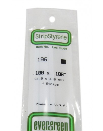 EVERGREEN PLASTIC MATERIALS - 196 - OPAQUE WHITE POLYSTYRENE STRIP -  .188" X .188" - 4 STRIPS