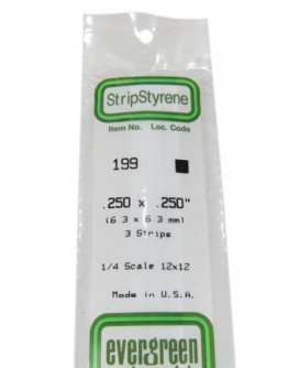EVERGREEN PLASTIC MATERIALS - 199 - OPAQUE WHITE POLYSTYRENE STRIP - .250" X .250" - 3 STRIPS