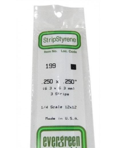 EVERGREEN PLASTIC MATERIALS - 199 - OPAQUE WHITE POLYSTYRENE STRIP - .250" X .250" - 3 STRIPS