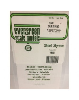EVERGREEN PLASTIC MATERIALS - 2020 - OPAQUE WHITE POLYSTYRENE SHEET - CAR SIDINGS - N SCALE 3 1/4 SPACINGS .020" THICK