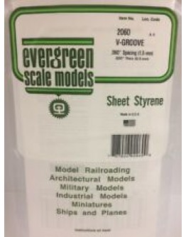 EVERGREEN PLASTIC MATERIALS - 2060 - OPAQUE WHITE POLYSTYRENE SHEET - V GROOVE - .060" SPACING .020" THICK