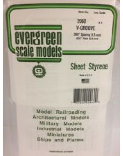 EVERGREEN PLASTIC MATERIALS - 2060 - OPAQUE WHITE POLYSTYRENE SHEET - V GROOVE - .060" SPACING .020" THICK