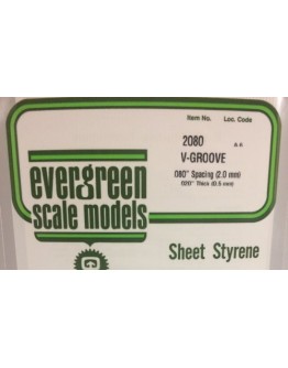 EVERGREEN PLASTIC MATERIALS - 2080 - OPAQUE WHITE POLYSTYRENE SHEET - V GROOVE - .080" SPACING .020" THICK