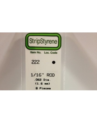 EVERGREEN PLASTIC MATERIALS - 222 - OPAQUE WHITE POLYSTYRENE - ROD - .062" DIA  X 14" LONG - 8 PIECES