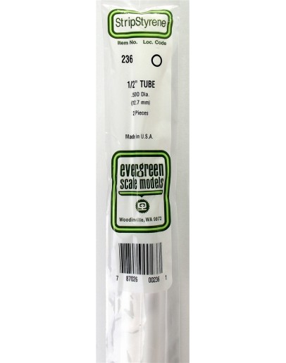 EVERGREEN PLASTIC MATERIALS - 236 - OPAQUE WHITE POLYSTYRENE - TUBE - .500" DIA  X 14" LONG - 2 PIECES