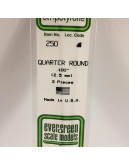 EVERGREEN PLASTIC MATERIALS - 250 - OPAQUE WHITE POLYSTYRENE - 1/4 ROUND - .100" DIA  X 14" LONG - 3 PIECES