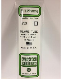 EVERGREEN PLASTIC MATERIALS - 253 - OPAQUE WHITE POLYSTYRENE - SQUARE TUBE - .187" X .187"  X 14" LONG - 3 PIECES