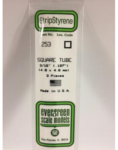 EVERGREEN PLASTIC MATERIALS - 253 - OPAQUE WHITE POLYSTYRENE - SQUARE TUBE - .187" X .187"  X 14" LONG - 3 PIECES