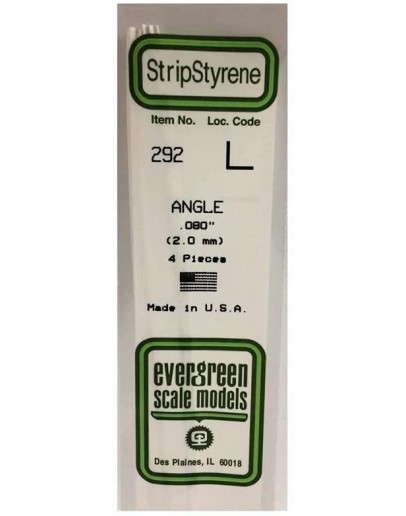 EVERGREEN PLASTIC MATERIALS - 292 - OPAQUE WHITE POLYSTYRENE - ANGLES - .080" X 14" LONG - 4 PIECES