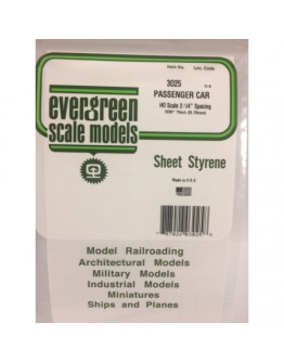 EVERGREEN PLASTIC MATERIALS - 3025 - OPAQUE WHITE POLYSTYRENE - PASSENGER CAR SIDES - HO SCALE 2 1/4 SPACING - .030" THICK