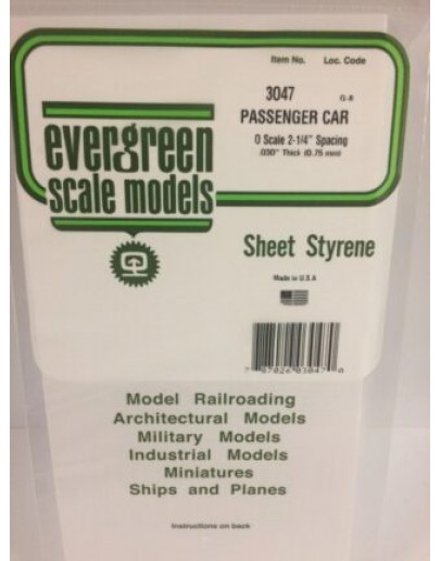 EVERGREEN PLASTIC MATERIALS - 3047 - OPAQUE WHITE POLYSTYRENE - PASSENGER CAR SIDES - O SCALE 2 1/4 SPACING - .030" THICK