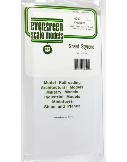 EVERGREEN PLASTIC MATERIALS - 4040 - OPAQUE WHITE POLYSTYRENE - V-GROOVE - .040" SPACING - .040" THICK