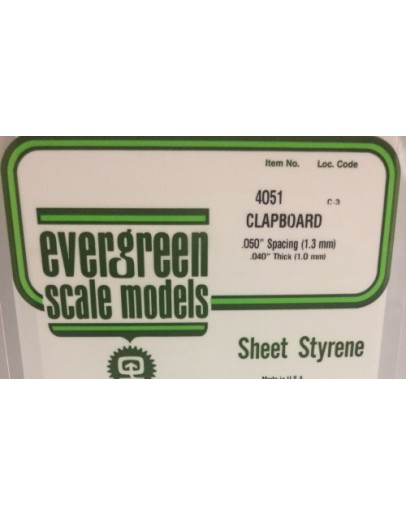 EVERGREEN PLASTIC MATERIALS - 4051 - OPAQUE WHITE POLYSTYRENE - CLAPBOARD SIDING - .050" SPACING - .040" THICK