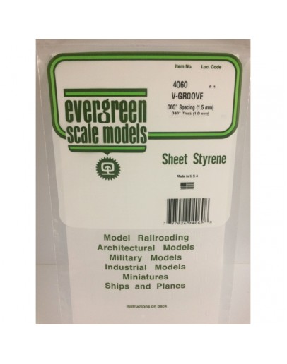 EVERGREEN PLASTIC MATERIALS - 4060 - OPAQUE WHITE POLYSTYRENE - V-GROOVE - .060" SPACING - .040" THICK