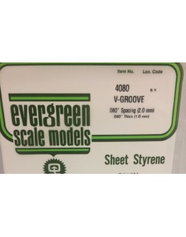 EVERGREEN PLASTIC MATERIALS - 4080 - OPAQUE WHITE POLYSTYRENE - V-GROOVE - .080" SPACING - .040" THICK