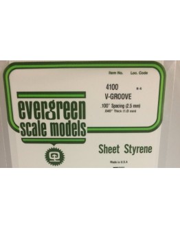 EVERGREEN PLASTIC MATERIALS - 4100 - OPAQUE WHITE POLYSTYRENE - V-GROOVE - .100" SPACING - .040" THICK