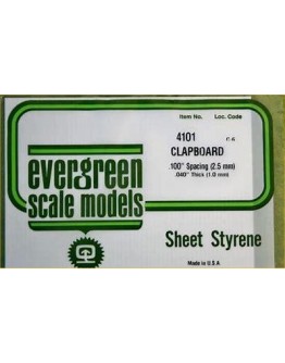 EVERGREEN PLASTIC MATERIALS - 4101 - OPAQUE WHITE POLYSTYRENE - CLAPBOARD SIDING - .100" SPACING - .040" THICK