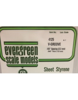 EVERGREEN PLASTIC MATERIALS - 4125 - OPAQUE WHITE POLYSTYRENE - V-GROOVE - .125" SPACING - .040" THICK