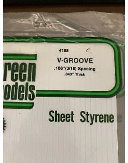 EVERGREEN PLASTIC MATERIALS - 4188 - OPAQUE WHITE POLYSTYRENE - V-GROOVE - .188" SPACING - .040" THICK