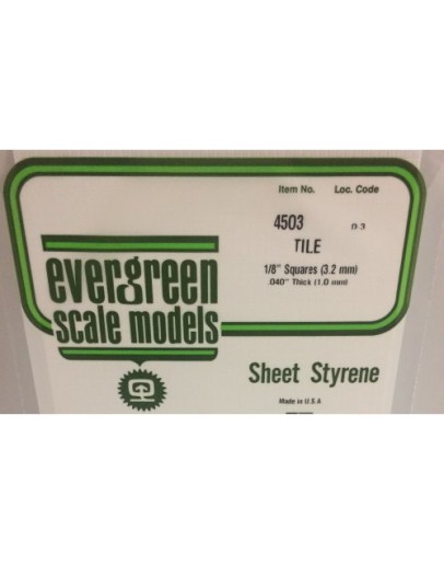 EVERGREEN PLASTIC MATERIALS - 4503 - OPAQUE WHITE POLYSTYRENE - TILE - 1/8" SQUARES - .040" THICK