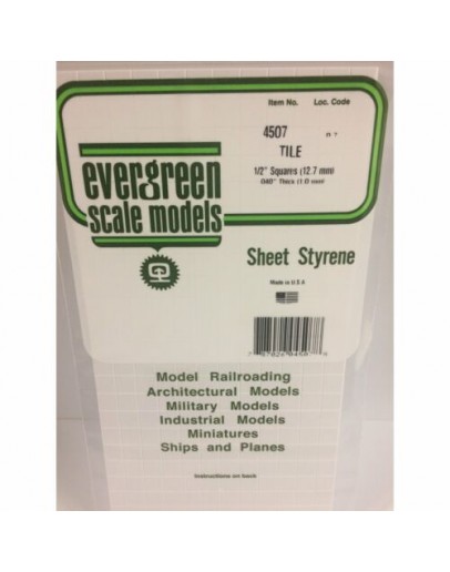 EVERGREEN PLASTIC MATERIALS - 4507 - OPAQUE WHITE POLYSTYRENE - TILE - 1/2" SQUARES - .040" THICK