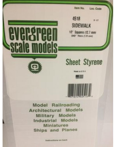 EVERGREEN PLASTIC MATERIALS - 4518 - OPAQUE WHITE POLYSTYRENE - SIDEWALK - 1/2" SQUARES - .040" THICK