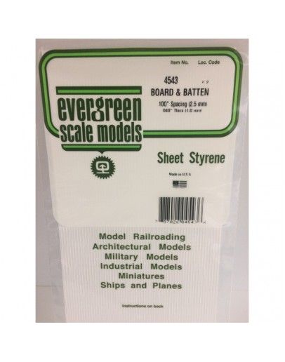 EVERGREEN PLASTIC MATERIALS - 4543 - OPAQUE WHITE POLYSTYRENE - BOARD & BATTEN - .100" SPACINGS - .040" THICK